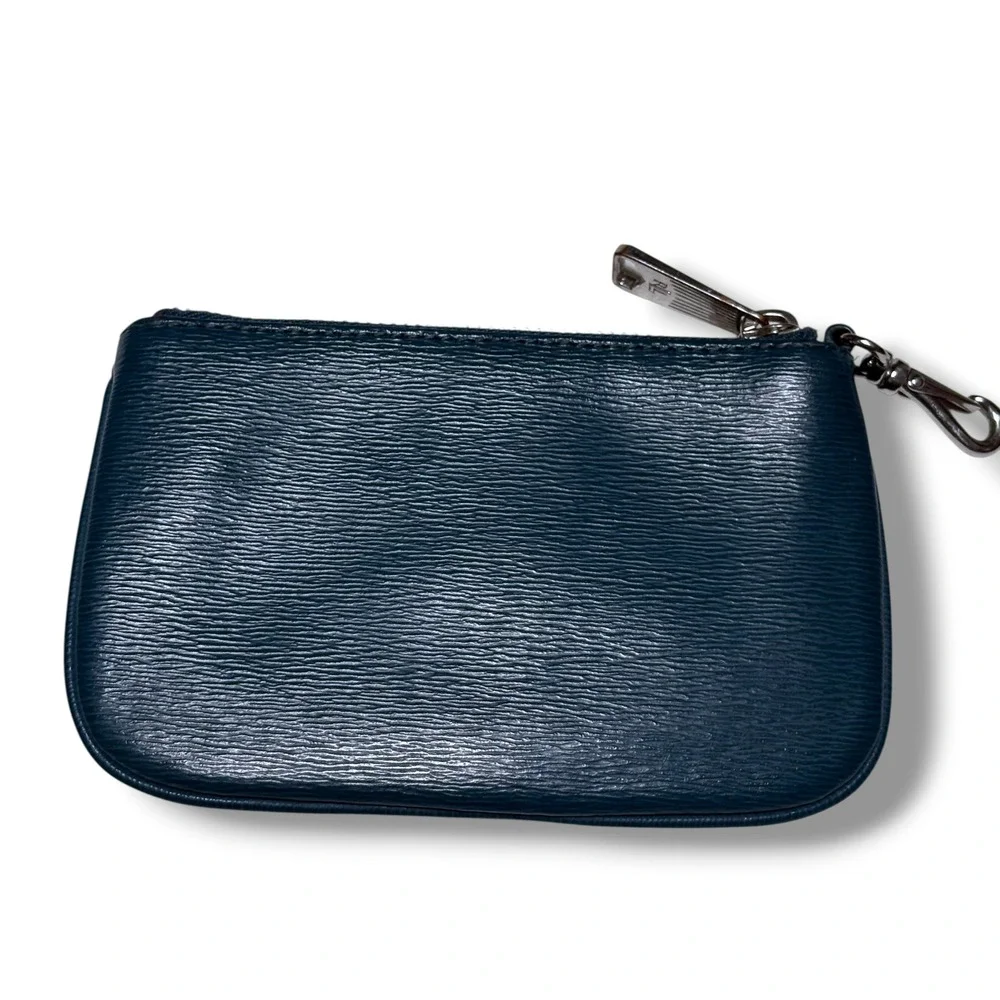 Lauren Ralph Lauren Teal Blue Textured Leather Zip Coin Pouch Logo Plaque Small